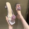 Aneikeh Summer Fashion Lace Flower Square Toe Women's Slippers High Heel Sandals Beach Slippers Zapatos Wedding Shoes Bride