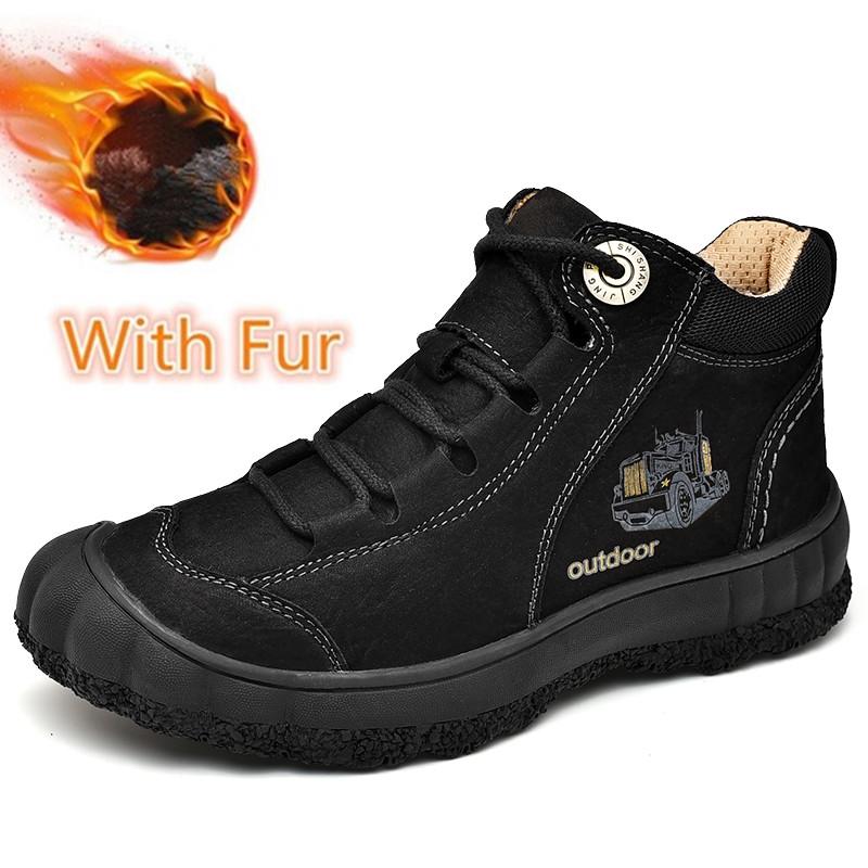 Winter Men Shoes Warm Plush Handmade Sewing Non-Slip Outdoor Men's Boots Fashion Men Ankle Hiking Shoes High Quality Sneakers