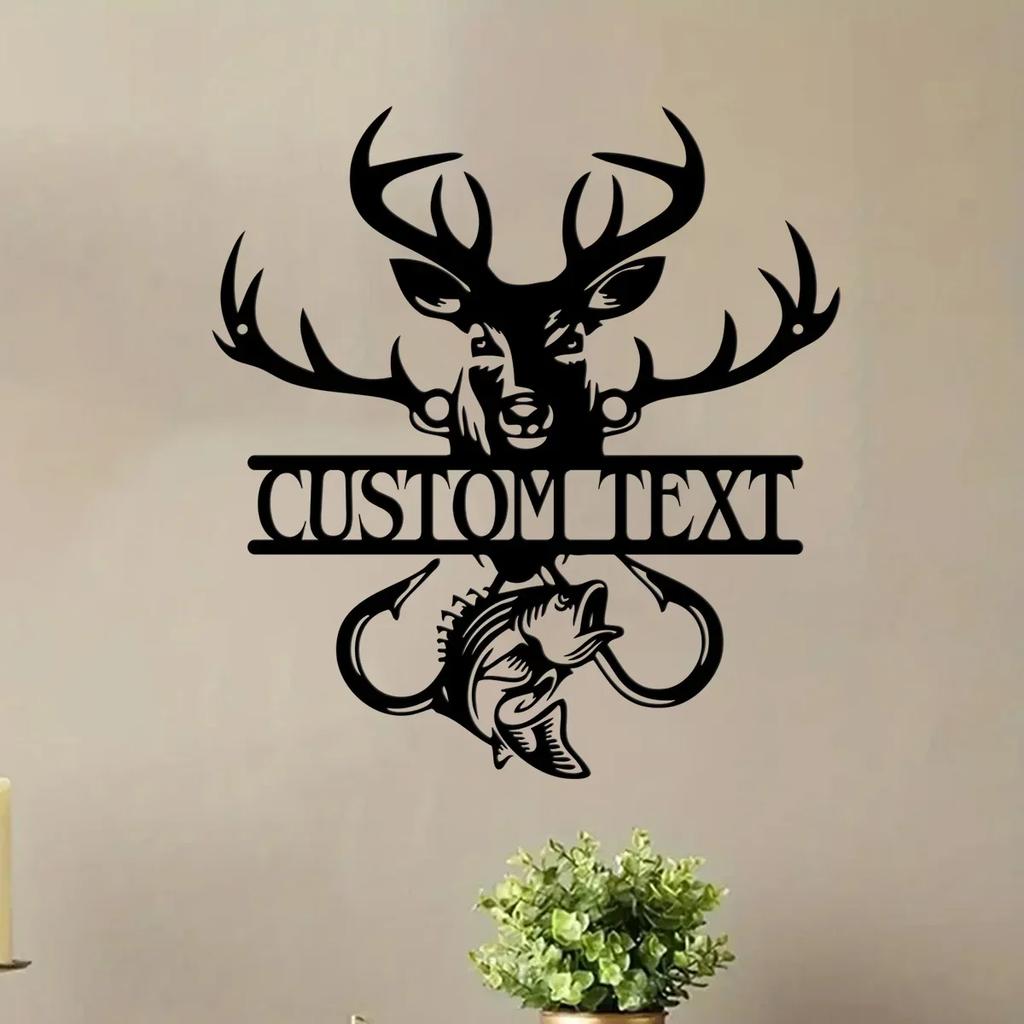 Custom Deer and Fish Metal Wall Art, Personalized Metal Sign for Living Room, Rustic Fishing Decor for Bedroom, Unique Outdoor Garden Gift