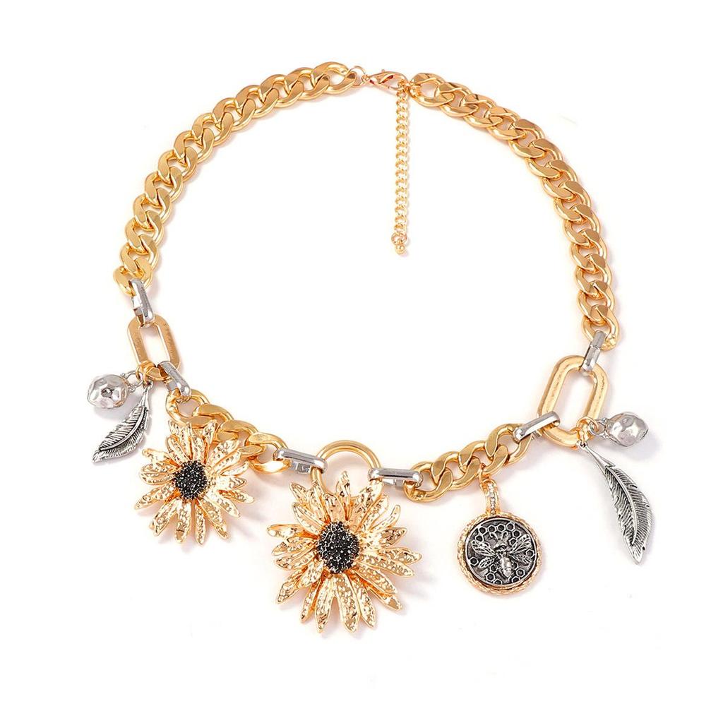 Summer Sunflowers Necklace - Layered Floral Necklace | Boho Style | Two-Tone Plating