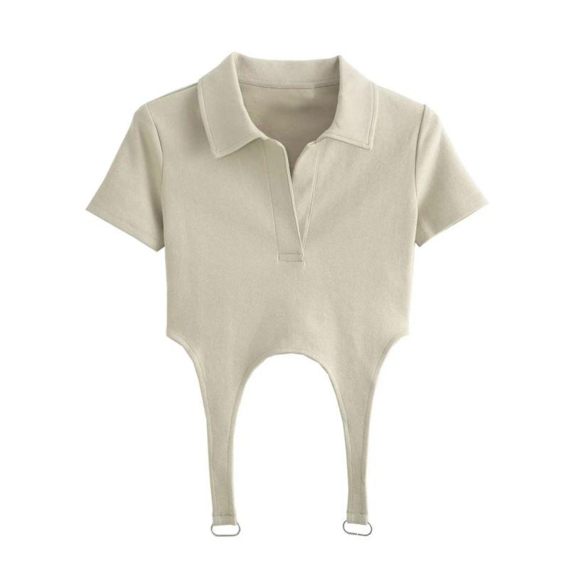 Fashion Style 2024 Autumn New Women's Double-Sided Cloth Polo Shirt Lapel Waist Leakage Short Sleeve Tops 3641833