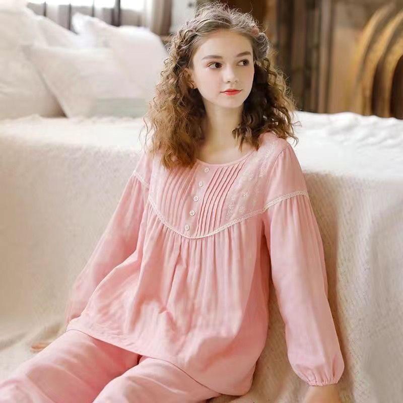 Süße japanische Prinzessin bestickte Heimkleidung Damen-Schlafanzug Langarm Frühling Herbst Reine Baumwollgaze Dünnes Loungewear-Set