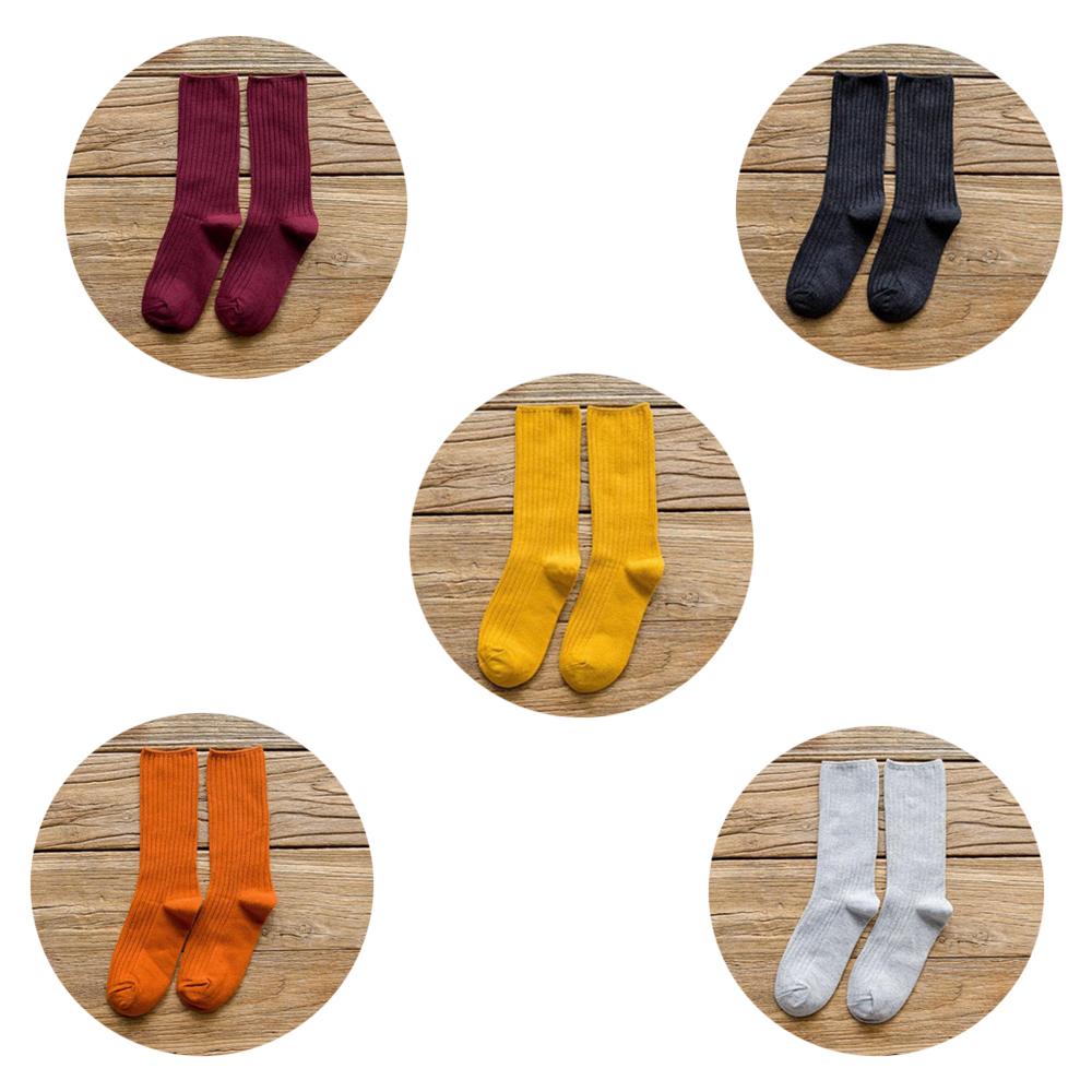 5 Pairs Solid Ribbed Crew Socks Women Mixed Color 4 Seasons Fit Loose Socks Set Daily Basic Sox