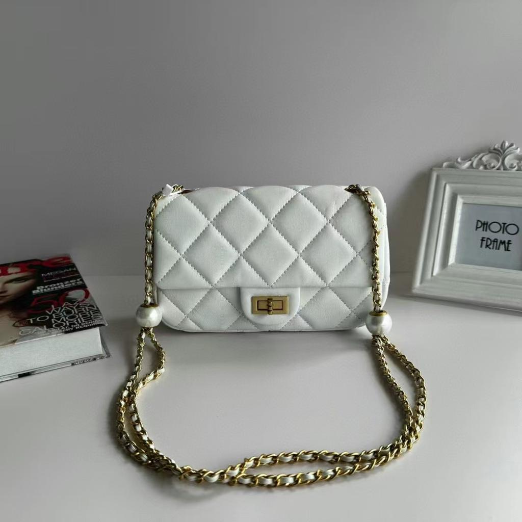 New real sheepskin small bag women's fashion shoulder crossbody small square bag double pearl light luxury dumpling chain bag