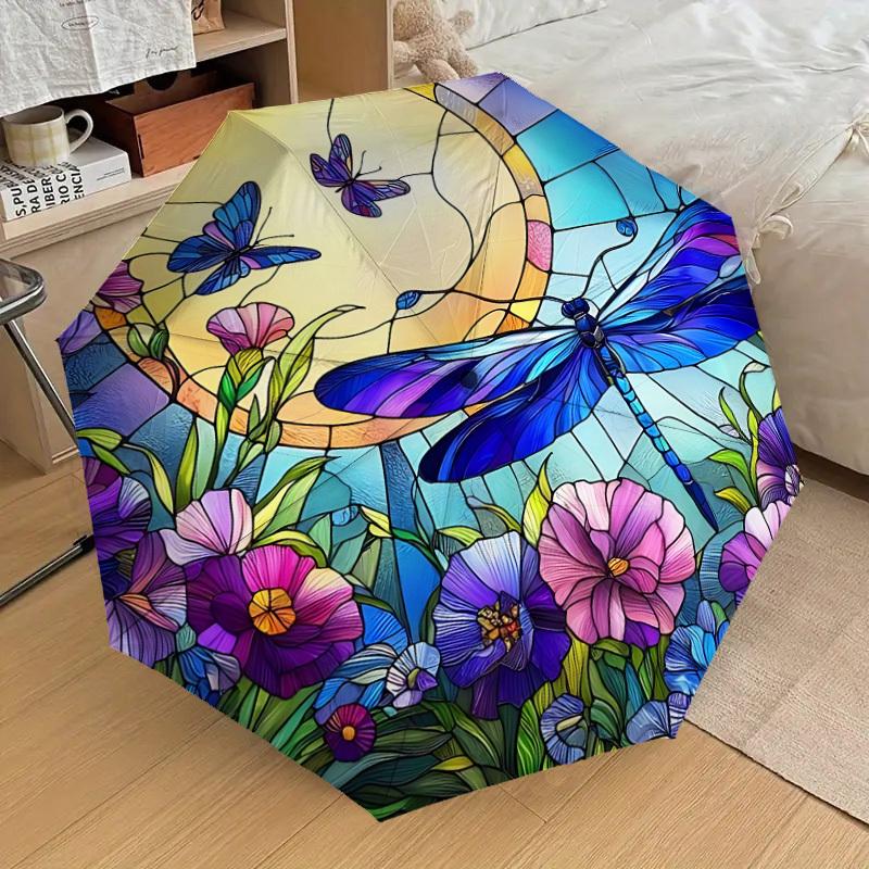 1PC Dragonfly Flowers Automatic Open/Close Umbrella with Windproof, 8-Rib Sturdy Canopy, Durable Ribs, Fashionable Design, Outdoor Accessory, Fun Prin