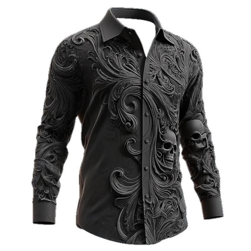 Unique long-sleeve shirt with 3D rose and skull embossed pattern, edgy and stylish.