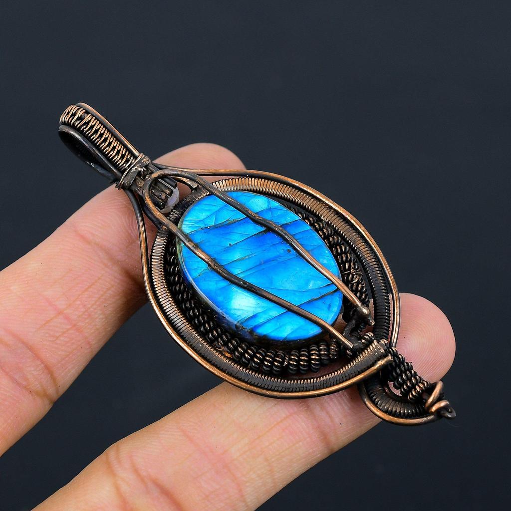 Labradorite, Moonstone Gemstone Pure Copper Wire Wrapped Designer Handmade Pendant Jewelry For Gift