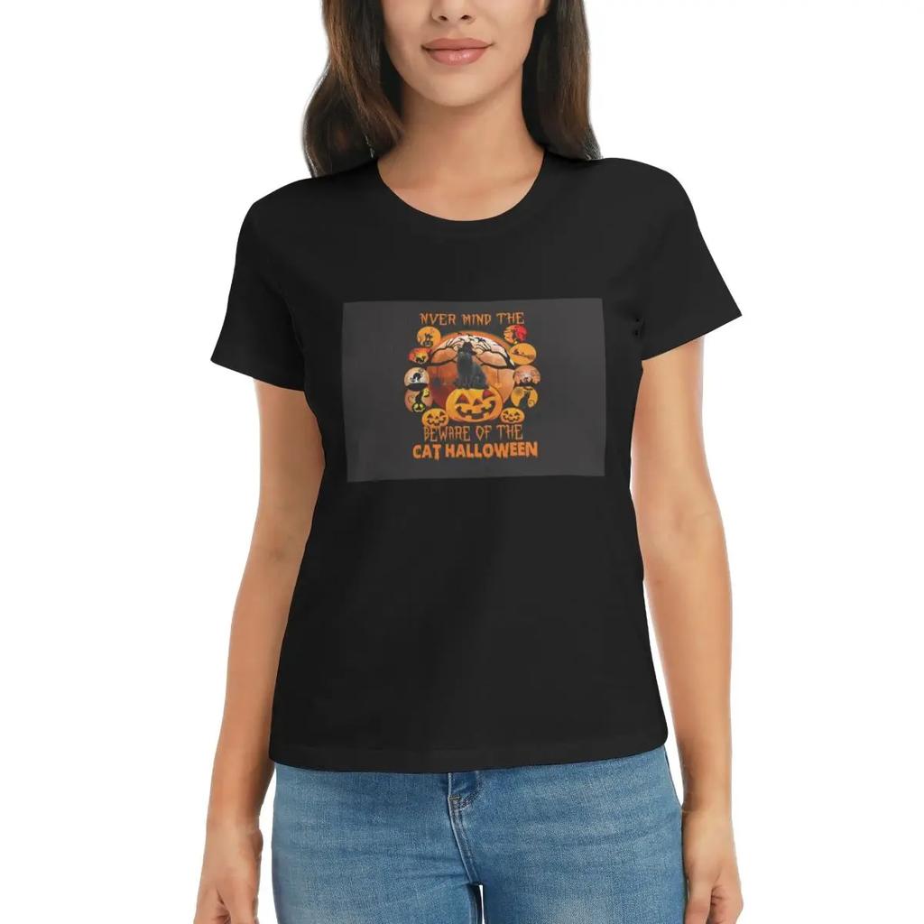 Women TShirt Black Cat Halloween Summer Short Sleeve Tees Crew Neck Cotton T Shirts Clothes Tops Streetwear