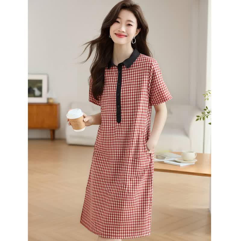 D.F.DEAR Women's Petite Plaid Patchwork Polo A-Line Dress