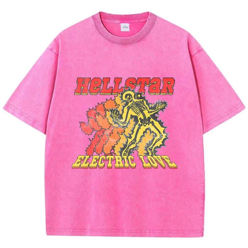 Vintage Woman Acid Wash T-Shirts Electric Love Prints Short Sleeve Tops O-Neck Cotton Oversize Tee Shirts Fashion  Clothes