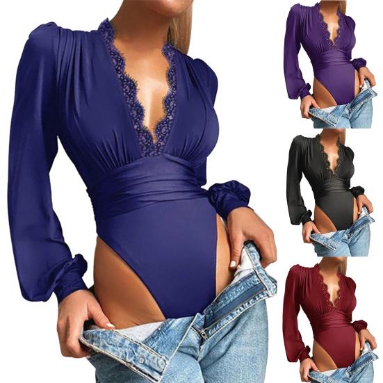 Dámské body Velké velikosti Ležérní Krajkové Deep Fashion Slim Women Body s výstřihem do V