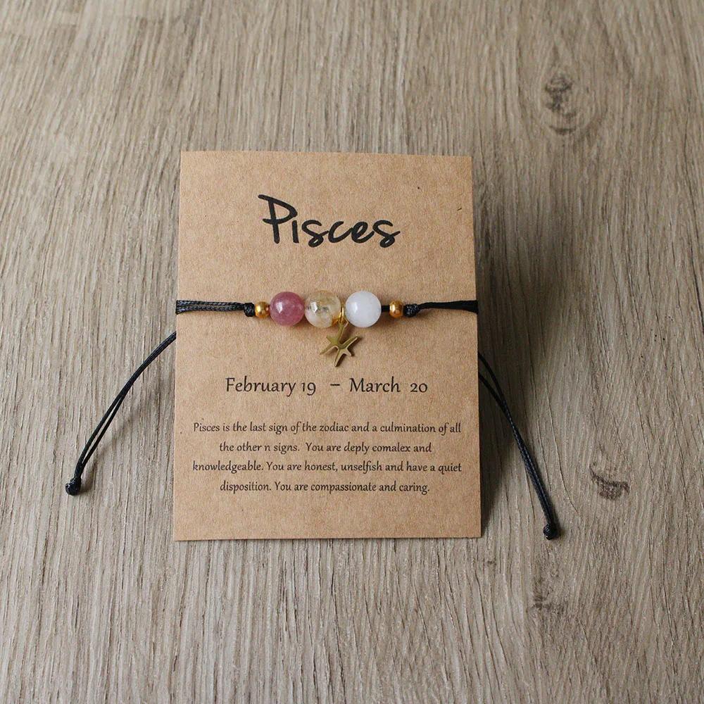 

Women Men 12 Zodiac Signs Minimalist Natural Stone Handmade Braided Woven Bracelet with Card Paper