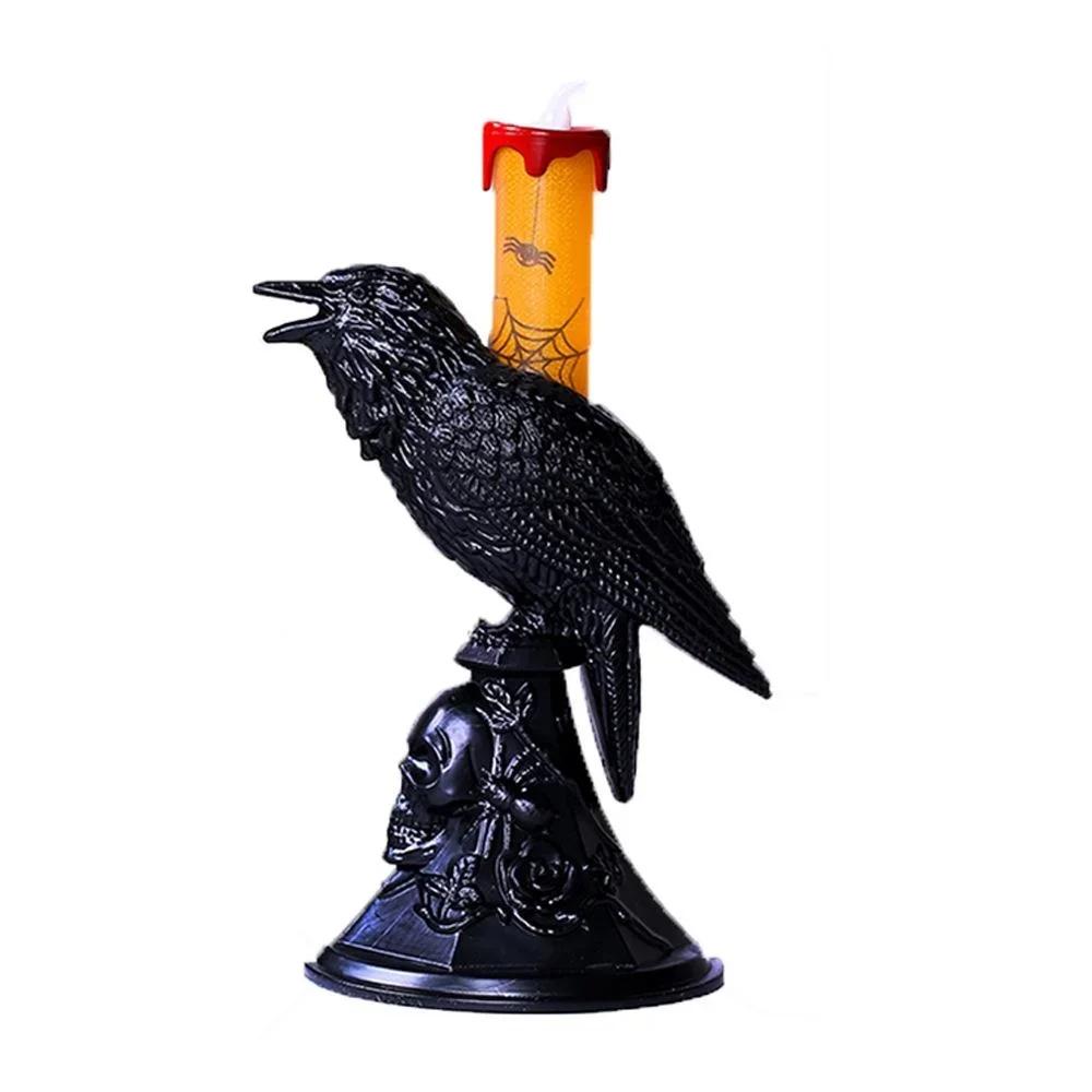 1 Pcs Halloween Black Crow Luminous Statue Candlestick Candle Lamp Home Decoration Desk Lamp Horror Festival Party Decoration