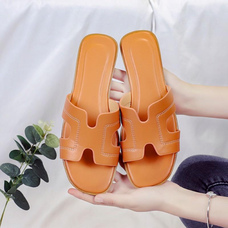 Solid Color One-word Slippers Spring and Summer Outer Wear Ins Beach Non-slip Cool Slippers Large Size