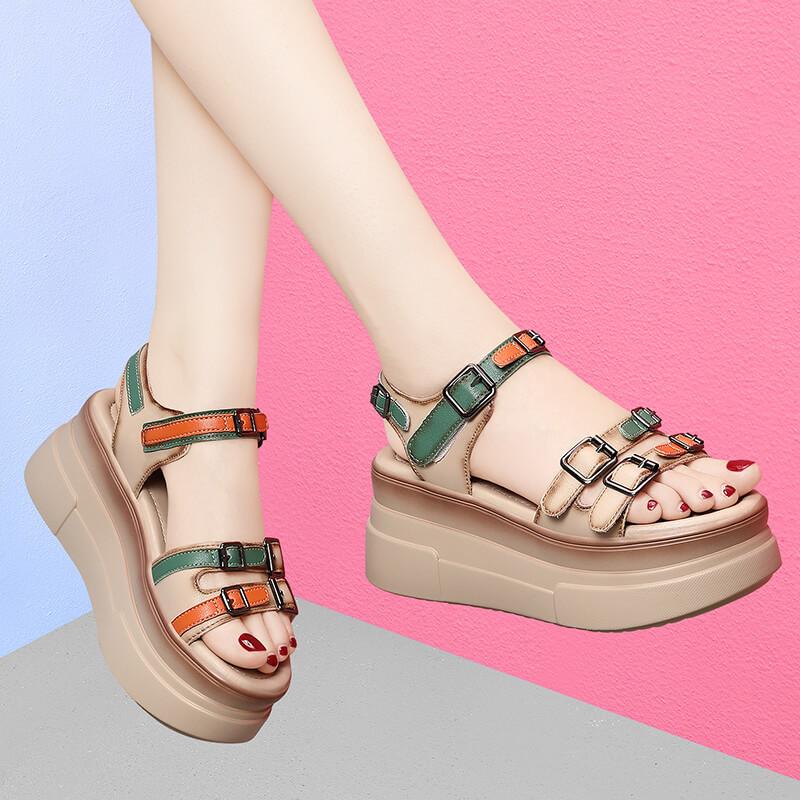 sponge cake platform leather sandals women's small new summer wedge heel light waterproof table high heels