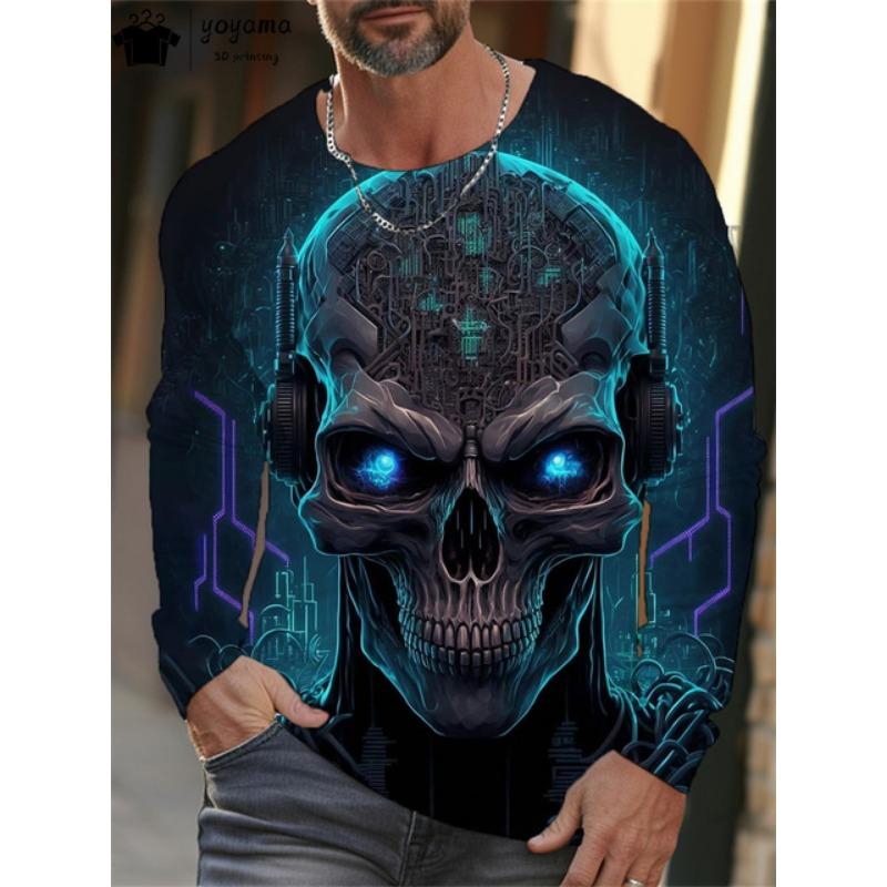 Skull Print Men's Clothing Casual 3D Print Men's Long Sleeve T-shirt Mens Clothing Vintage T Shirt Men Skull Graphic T Shirts