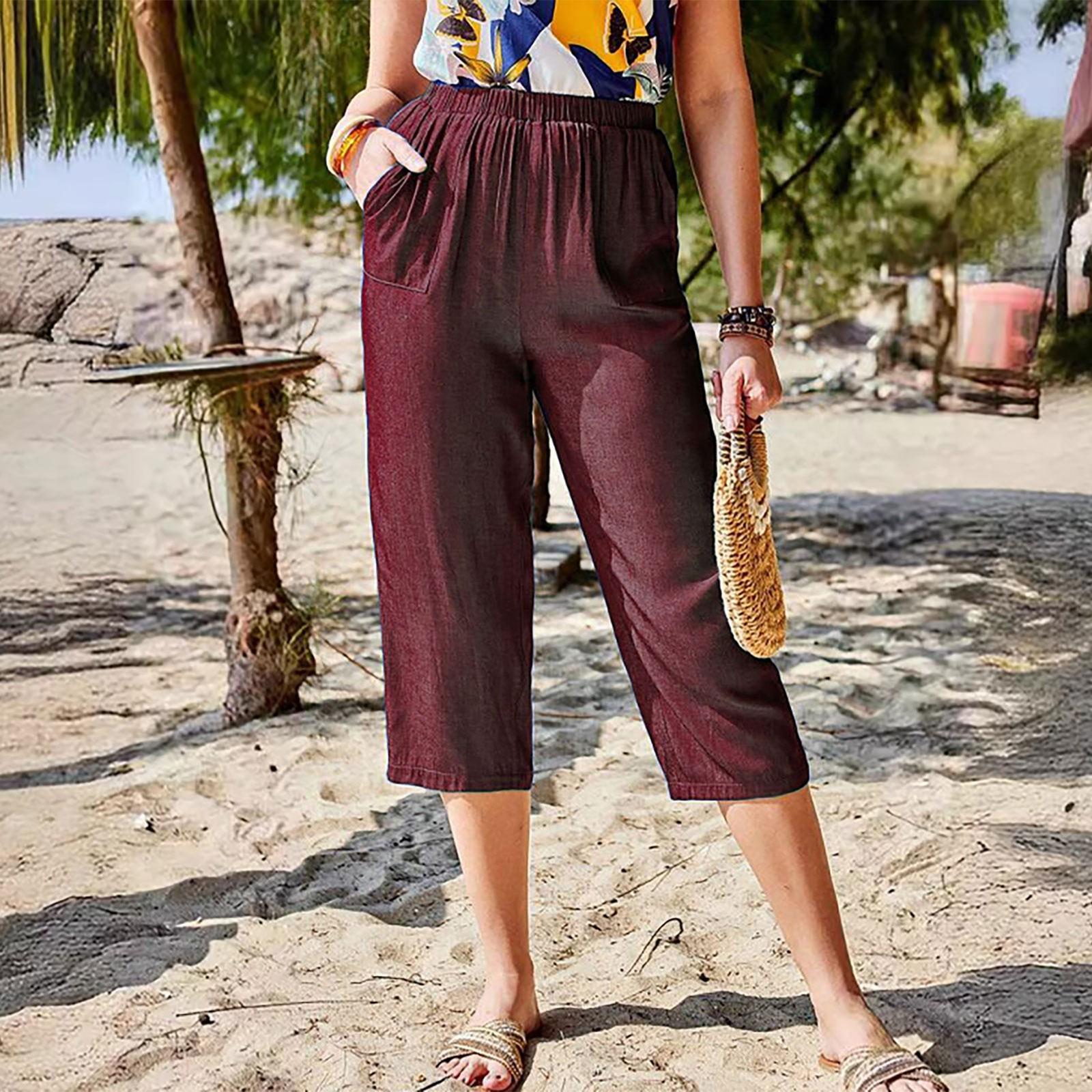 

Женские модные повседневные свободные брюки капри прямого кроя однотонной расцветки с карманами XL винный