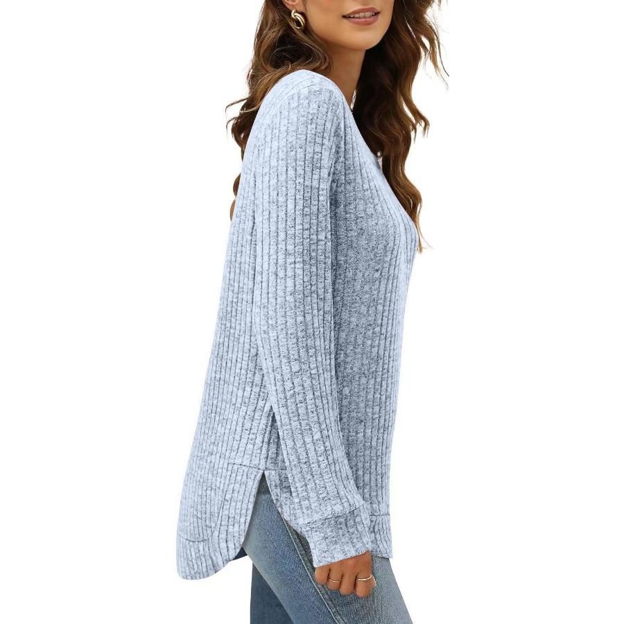 Autumn Winter Square Neck Stretch Rib Knit Top Solid Color Long Sleeve Loose T-shirt