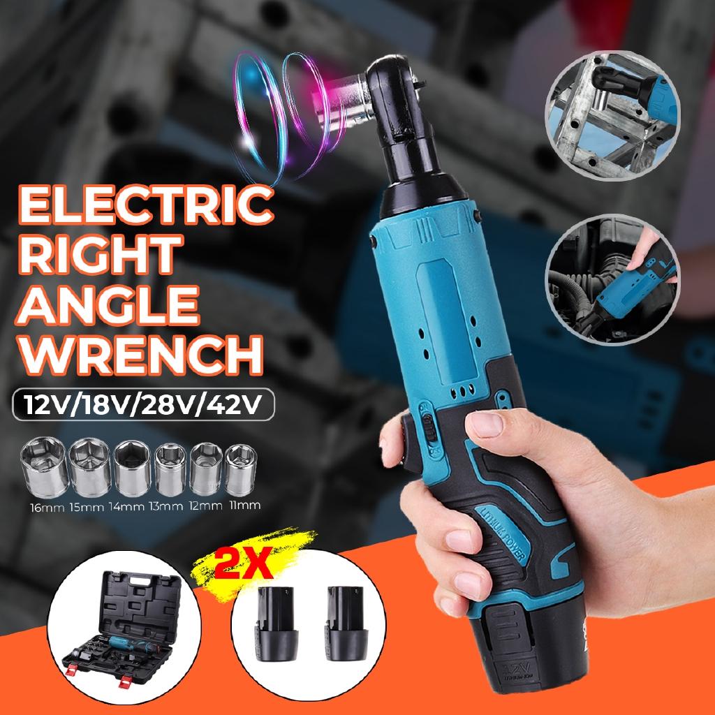 Rechargeable Electric Ratchet Wrench Electric Cordless Right Angle Wrench Kit 2 Lithium-Ion Battery For Car 18V 28V 42V