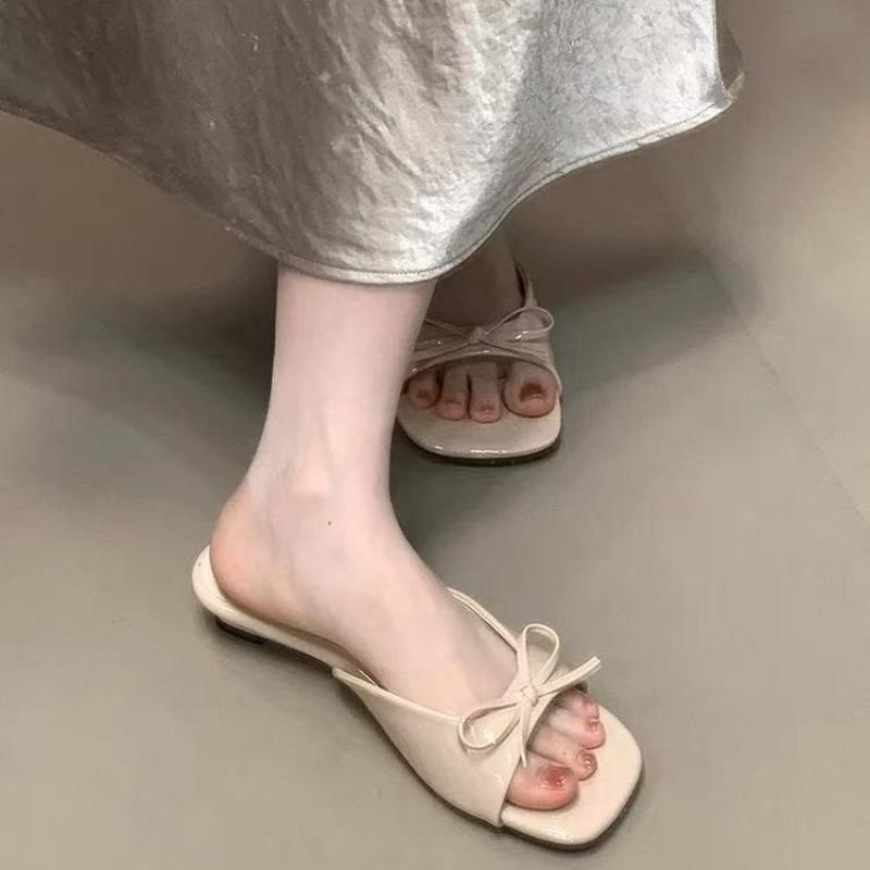 Fashion Bow Open Toe Slippers Summer New Square Head Shallow Mouth Soft Bottom Non-slip Wear-resistant Mid-heel Shoes