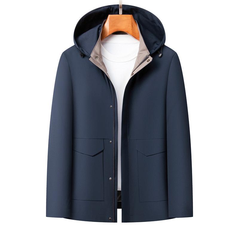 Spring and Autumn Hooded Mulberry Silk Jacket Men's Middle-aged Business Casual Thin Top Mid-Length Dad's Clothing Men's Jacket