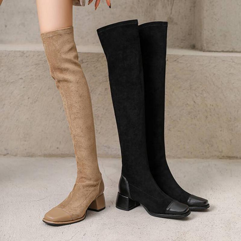 Korean version of the new suede over-knee boots solid color round head square heel sleeve leather boots autumn and winter comfortable rubber sole Mar