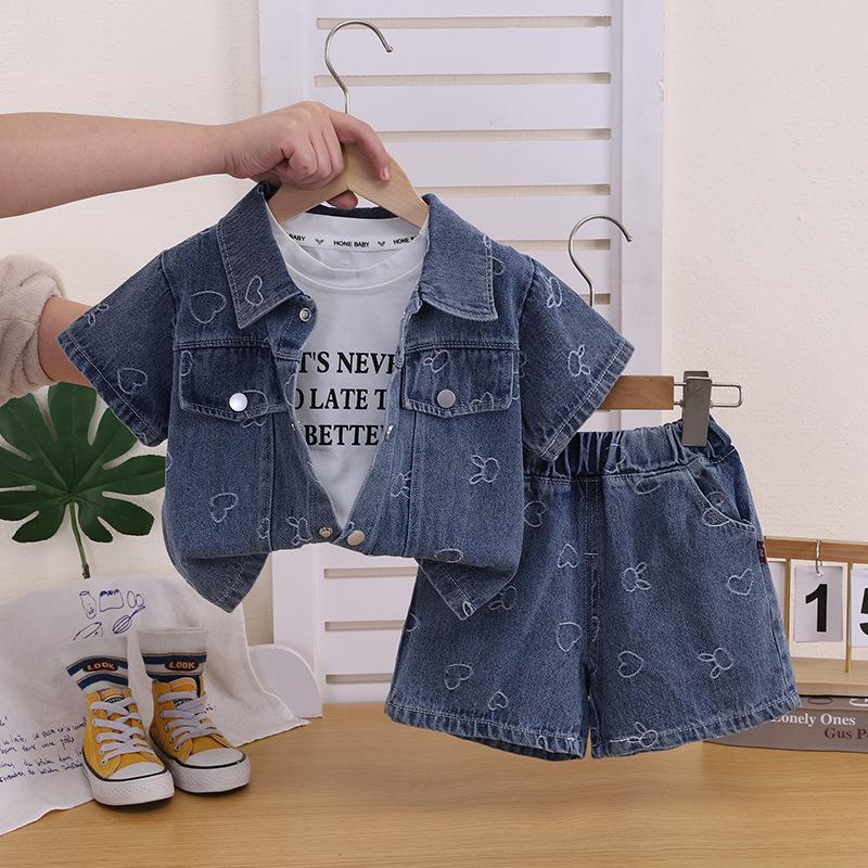 Korean Kids Summer Denim 3 Piece Set Tie Dye Short Sleeve Shorts Fashionable Outfit For Boys And Girls 80