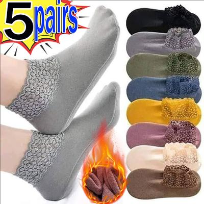 Casual Low Tube Lace Thermal Socks for Women Thick Home Floor Socks Warm Velvet Solid Color Anti-slip Slippers Breathable Sock