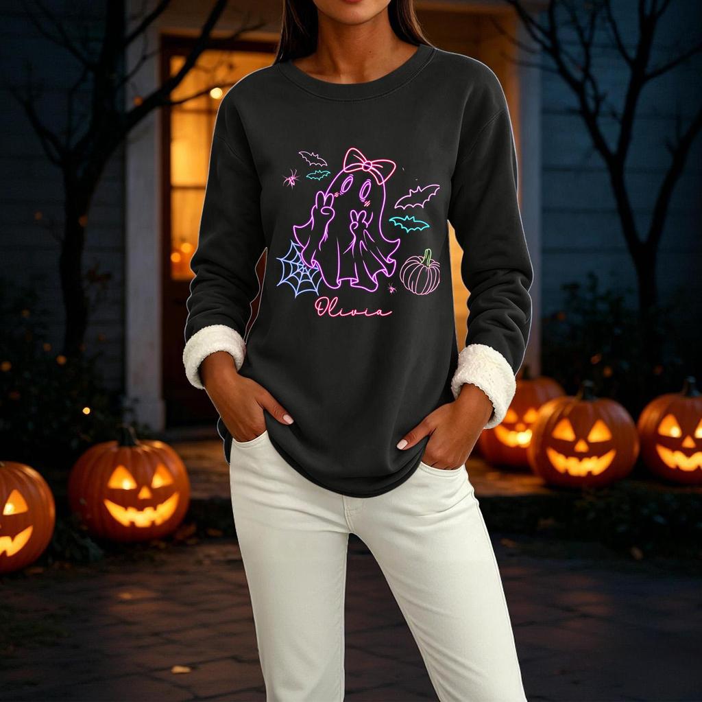 Women's Long Sleeve Pullover Round Neck Halloween Print Winter Casual Top