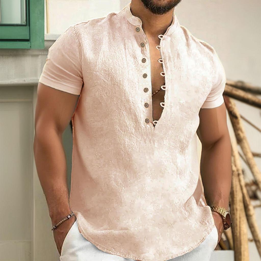 Sommer Neues Baumwollleinen T-Shirt für Herren Einfarbig Halb geknöpft Henley-Ausschnitt Lässig Gemütlich Schlichter Stil Knopf-Tops
