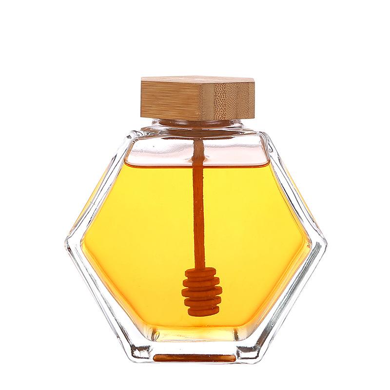 220ML/380ML Hexagonal Glass Honey Bottle with Wooden Stirring Rod Honey Packaging Bottle Small Honey Bottle Container Honey Jar