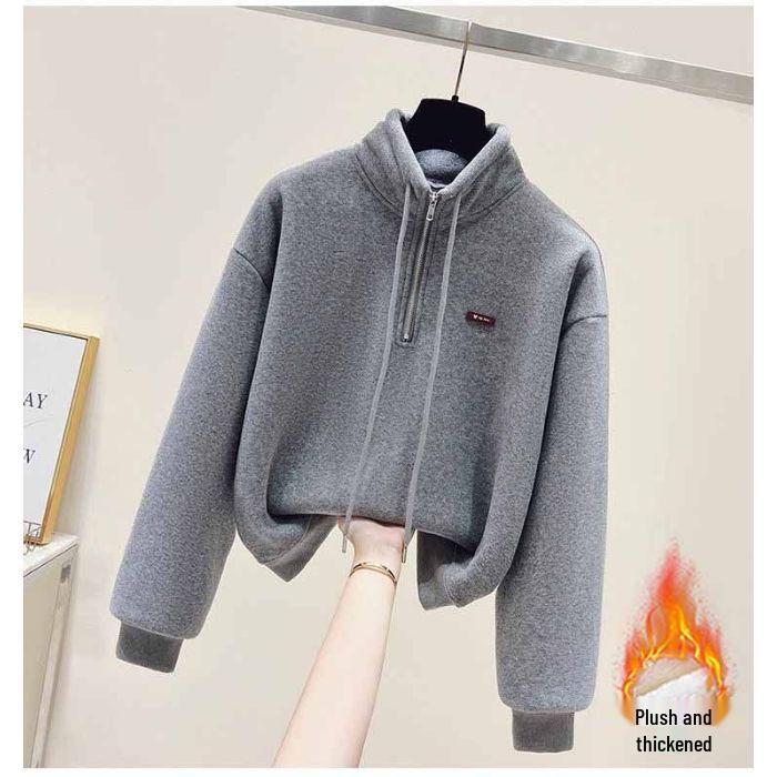 Trendy Women's Fleece Half-Zip Stand Collar Sweatshirt & Loose Harem Pants Set
