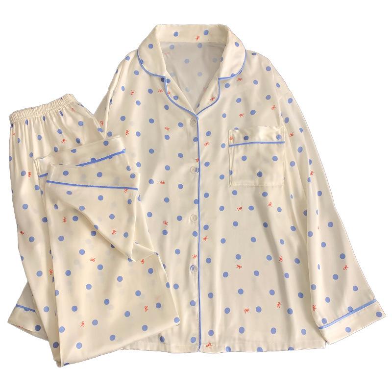 Autumn Ice Silk Pajamas Women'S Fresh Blue Polka Dot Long-Sleeved Trousers High-End Loungewear Set