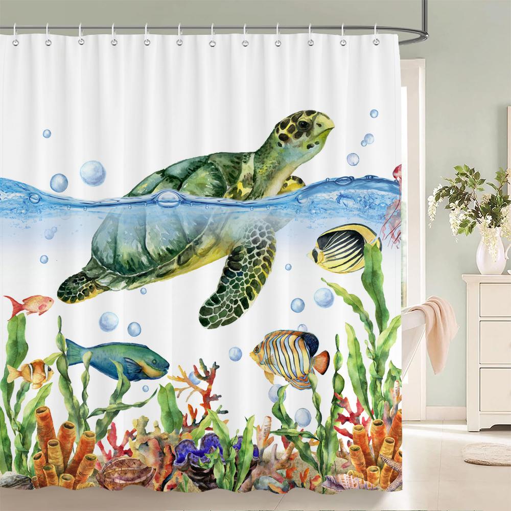 Dolphin Shower Curtain Blue Underwater World Marine Life Polyester Fabric Kids Ocean Theme Bathroom Decor Set With 12 Hooks