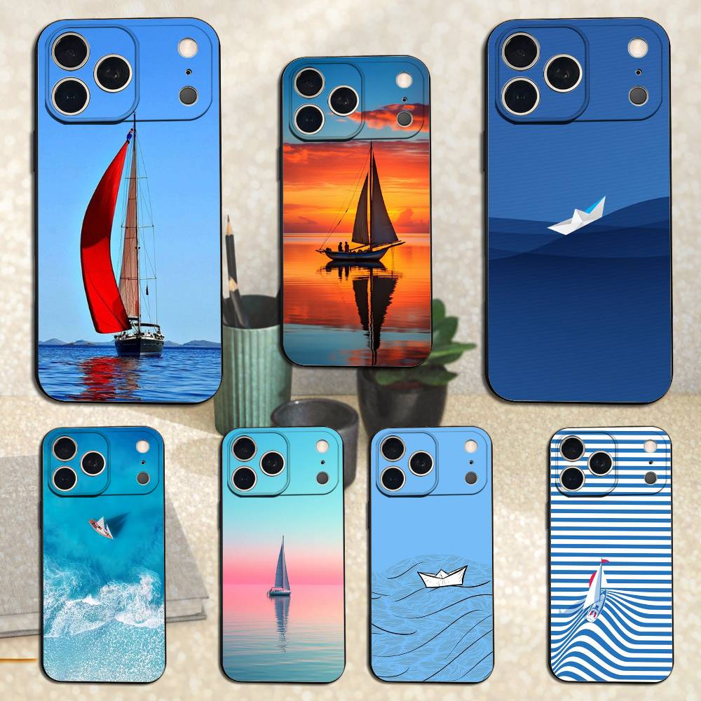 Sailing Boat For iPhone 12,16,11,14,15,17,13,X,Mini,SE,XS,Plus,Pro Max,8,7,XR,Soft Silicone Black Case