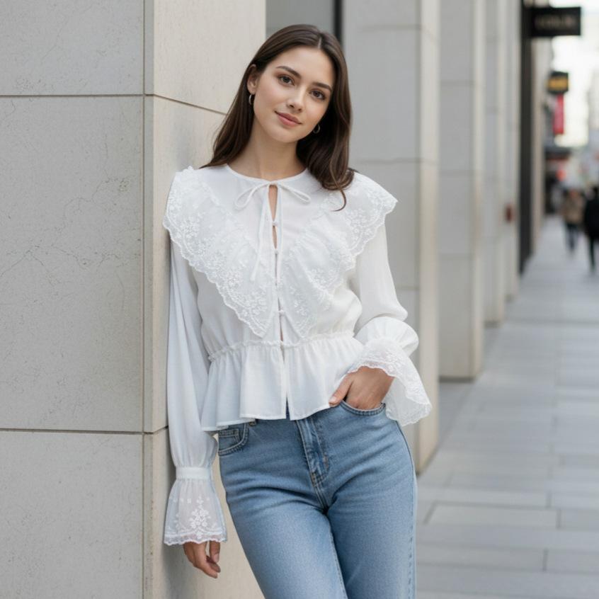 French lace splicing lace-up waist long-sleeved shirt women's 1116 summer Tencel white fly-sleeved top