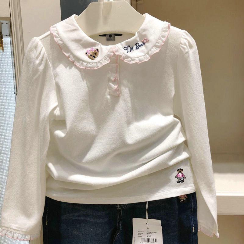 Baumwoll-Langarm-T-Shirt für Mädchen mit Bärenstickerei und Spitzenkragen, Frühlings- und Herbststil für ältere Kinder.