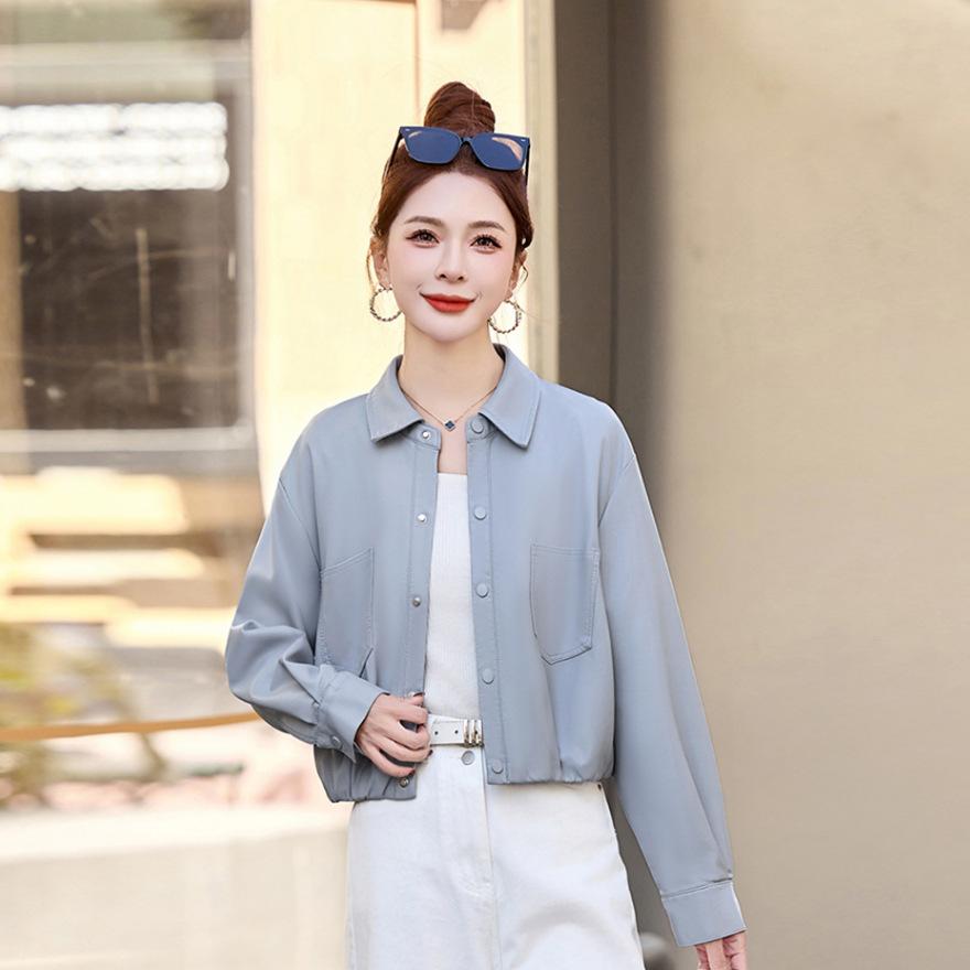 

Кожаная куртка ранняя весна новая женская популярная куртка с лацканами темпераментный дизайн топ XL светло-синий