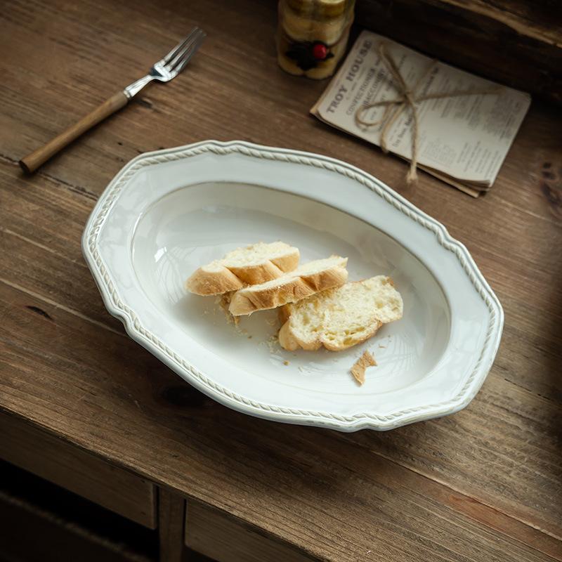 French Retro Relief Ceramic High-End Western Food Plate Household Vegetable Plate Steamed Fish Plate Fruit Salad Plate