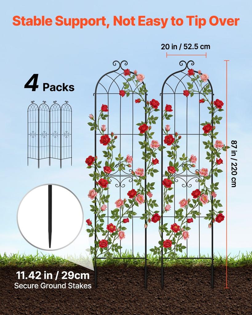 Garden Trellis, 220 X 52.5 Cm Rose Trellis, 4 Packs Garden Flower Rose Trellises with Powder-Coated Finish & Convenient Locking Design, Plant Support