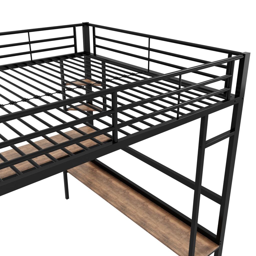 Hochbett 140x200 Schreibtisch, 4 kleine Regale, großes Bücherregal, Metallbettgestell Lattenrost (ohne Matratze) Kinder/Erwachsene, Schwarz