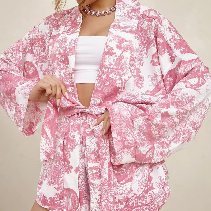 2-piece Casual Women's Pajama Set Long-sleeved Pajamas Lace-up Pajamas Sexy V-neck Pajama Shorts New Loose Home Clothes