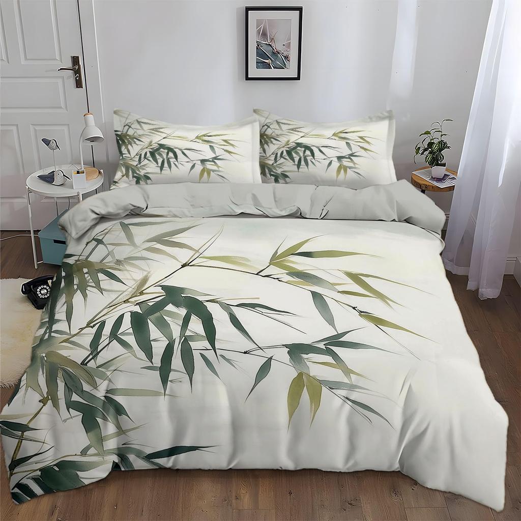 Bamboo Leaf Duvet Cover Sets for Kids Teens Quilt Covers Lightweight Down Bedroom Decor 2 Pillowcases 1 Duvet Cover No Comforter
