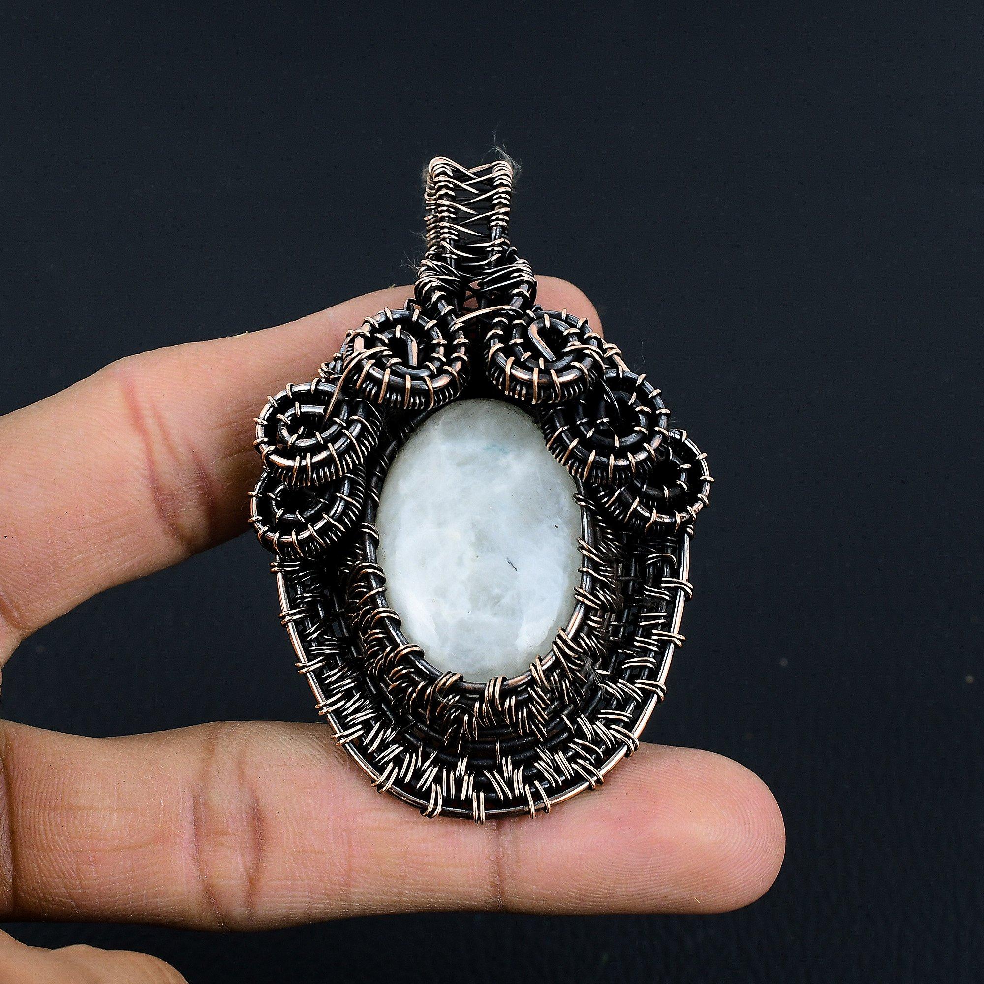 

Кулон из лунного камня, обернутый медной проволокой 999 пробы, кулон из драгоценного камня ручной работы, подарок для мамы, антикварное украшение 2.55 Inches