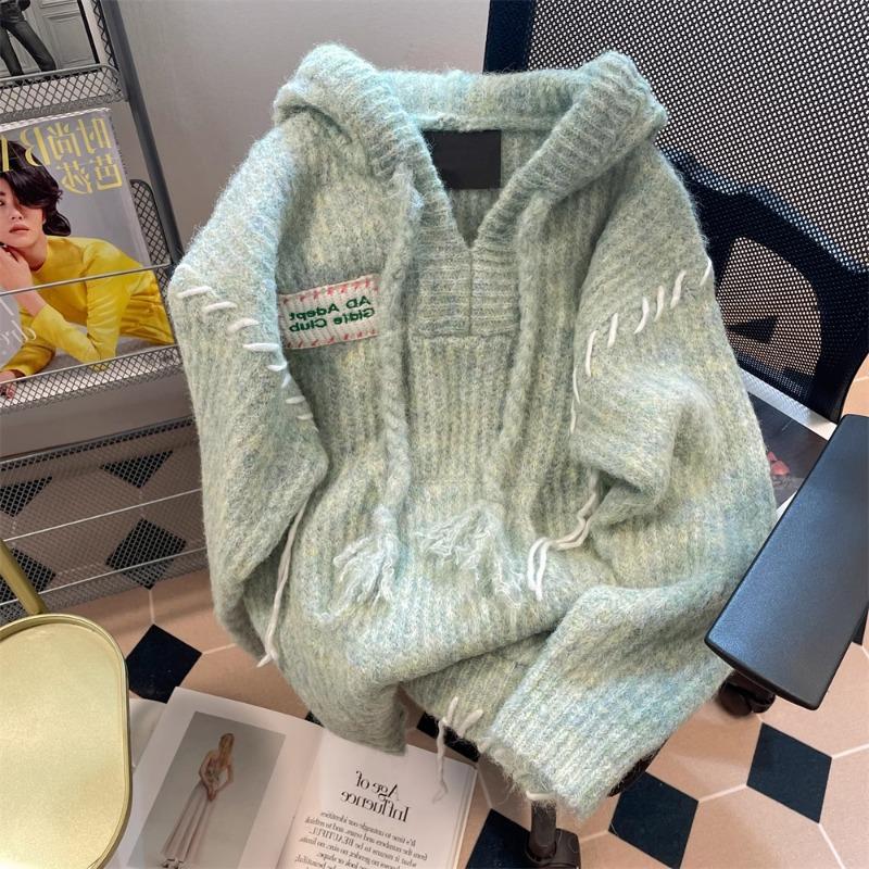 

Зеленый женский вязаный свитер V-образный вырез с капюшоном с длинным рукавом вязаный свитер свободный модный женский трендовый топ one size зелёный