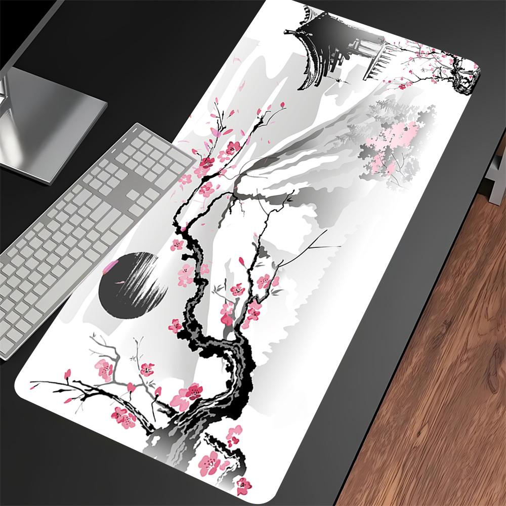 Extended Deskmat Large Black and White Cherry Blossom Game Mouse Pad Lock Edge Keyboard Mat Sakura Nonslip Rubber Mousepad
