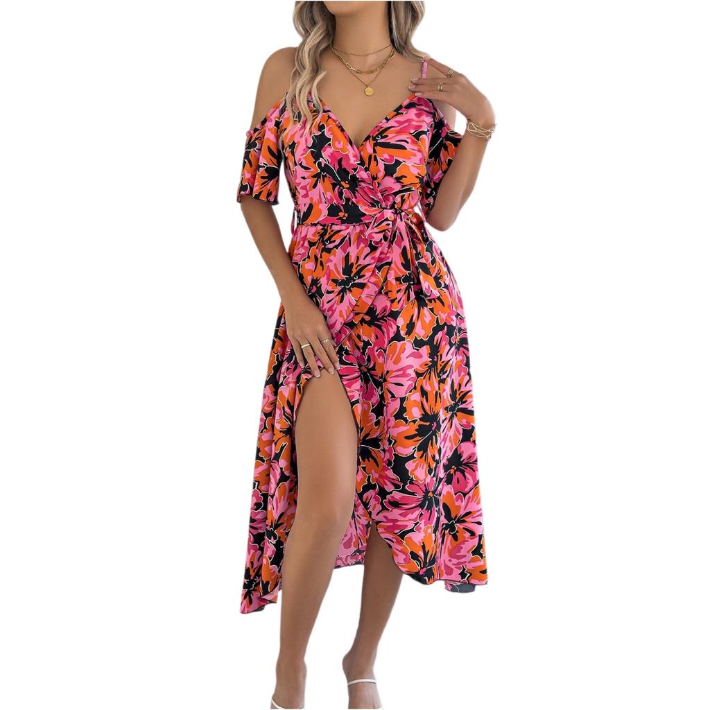 Women's Fashionable Off Shoulder Cross V-neck Flower Short Sleeve Printed Strap Holiday Dress