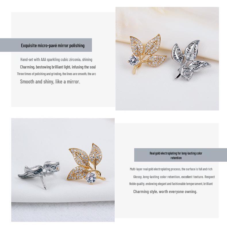 Elegant Unisex High-End Gold-Plated Leaf Brooch with Zircon