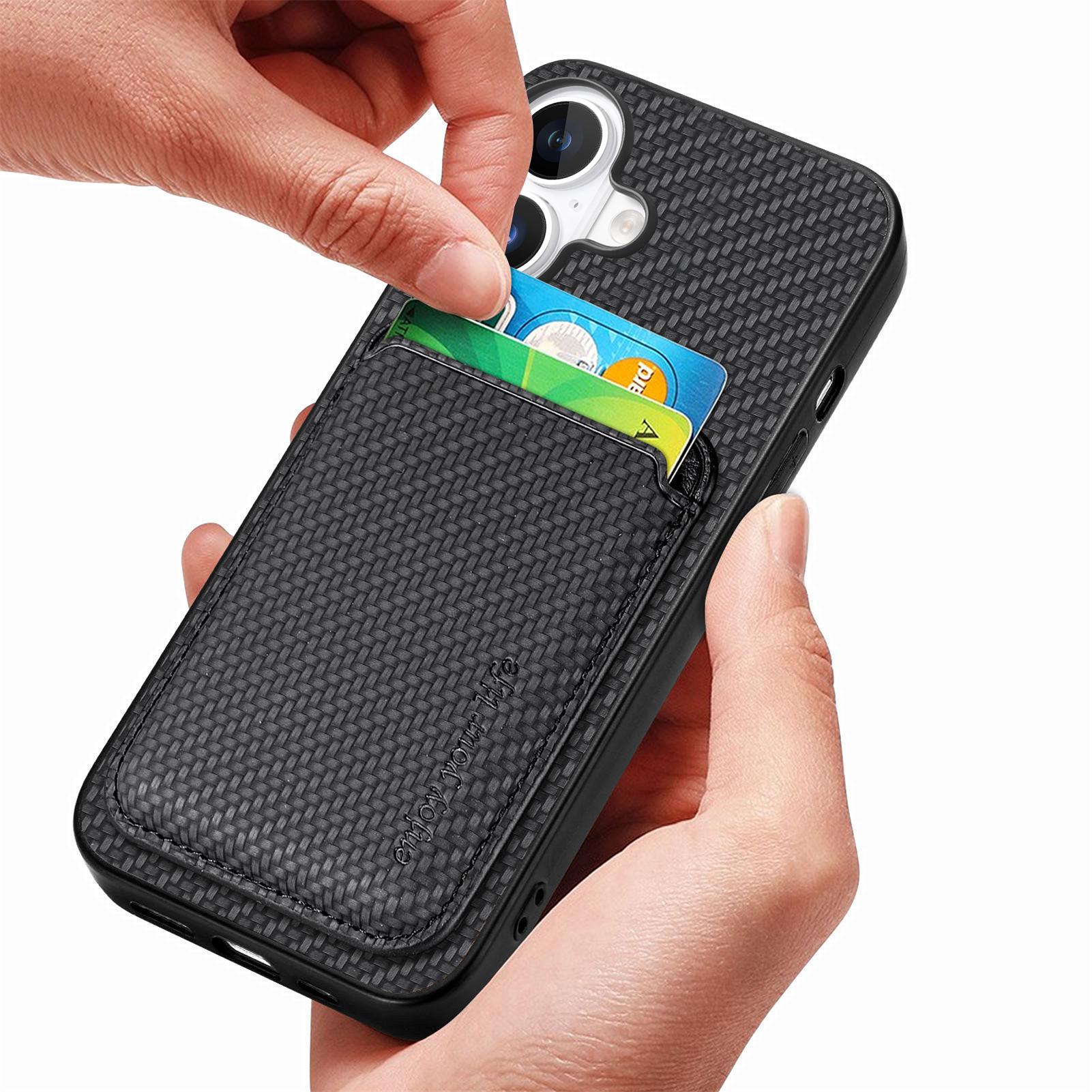

For iPhone 16 Case Carbon Fiber Leather Back Cover with Detachable Card Bag Black