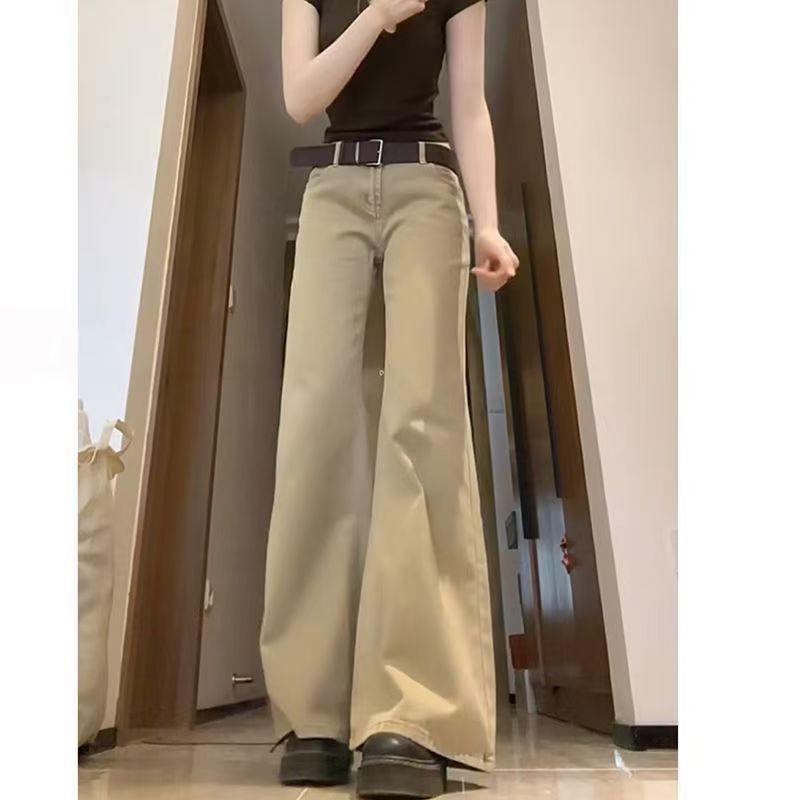 Khaki Slimming Micro Flare Low-Waist Floor-Length Jeans for Women XS
